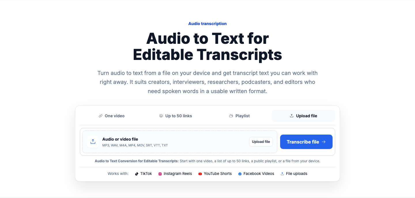 VidiRelay audio to text page showing transcript text, timestamps, and export options including TXT SRT VTT CSV JSON and DOCX