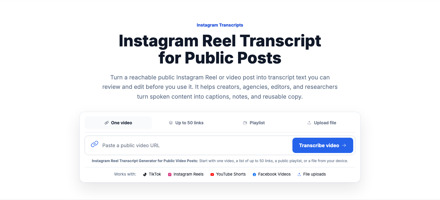 VidiRelay Instagram transcript tool showing a public Reel URL, transcript preview, timestamps, and export menu