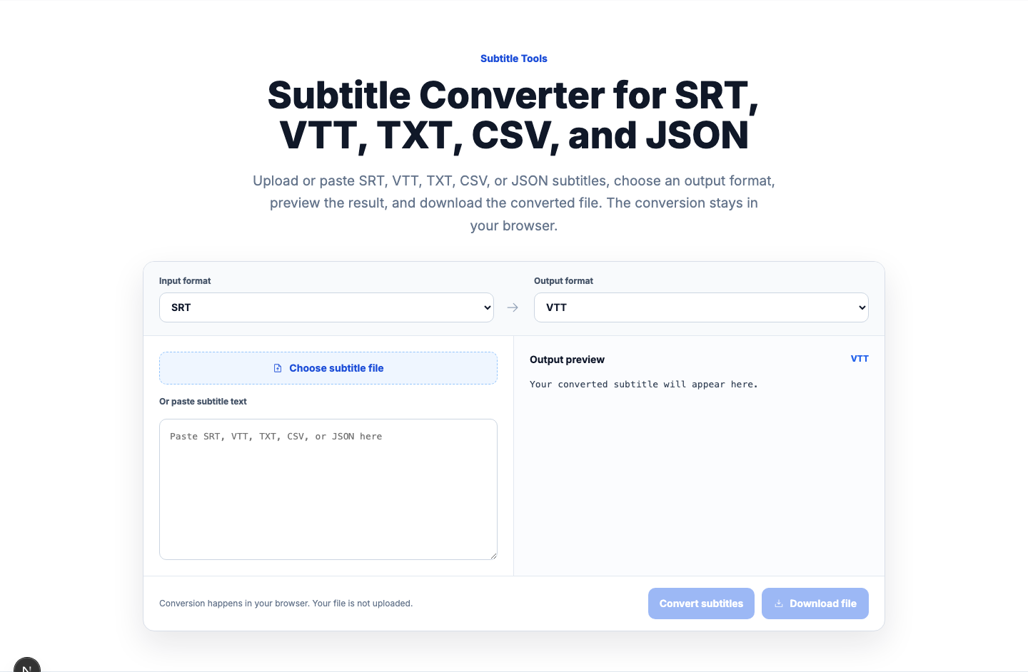 VidiRelay subtitle converter showing source subtitle file, target format options, and converted output preview