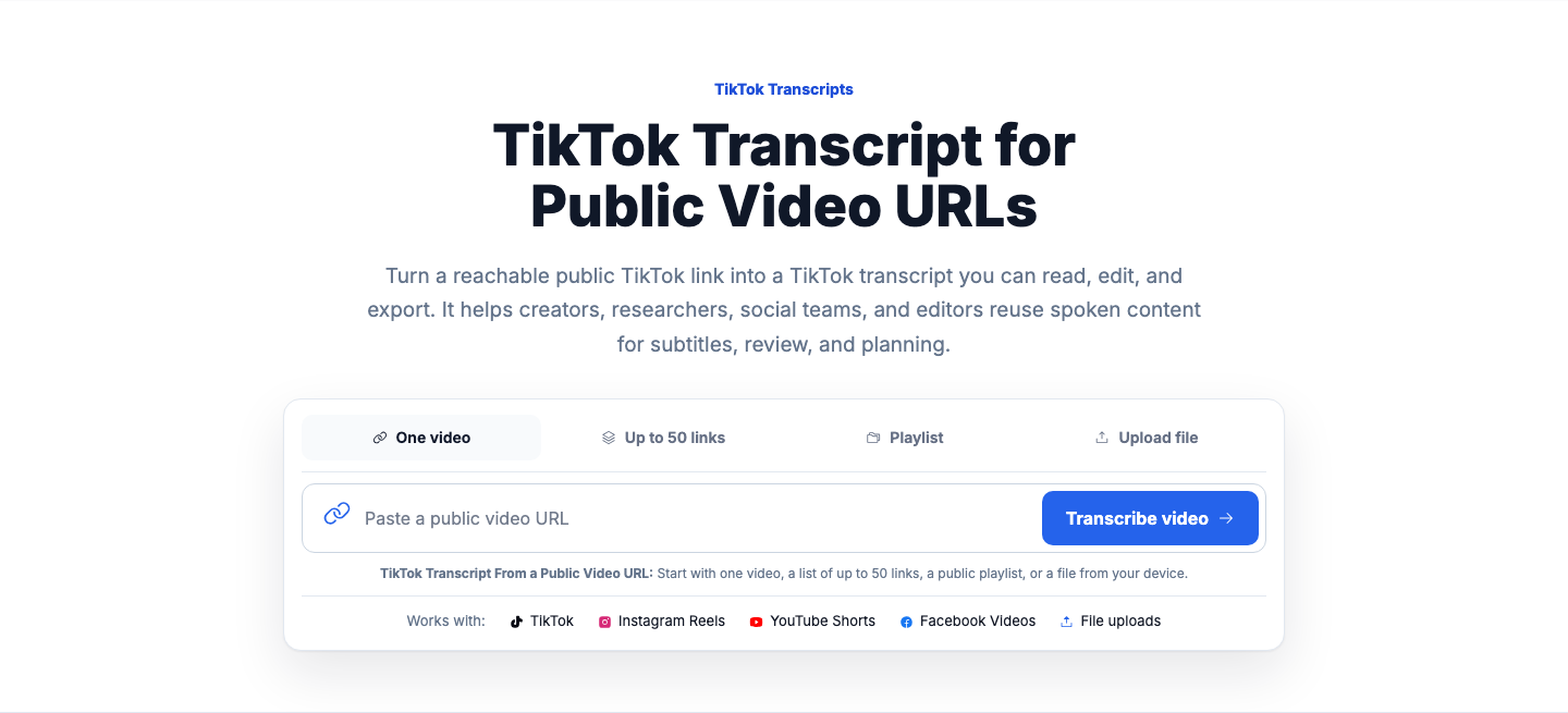 VidiRelay TikTok transcript page with a public TikTok URL field, transcript preview, timestamps, and export choices