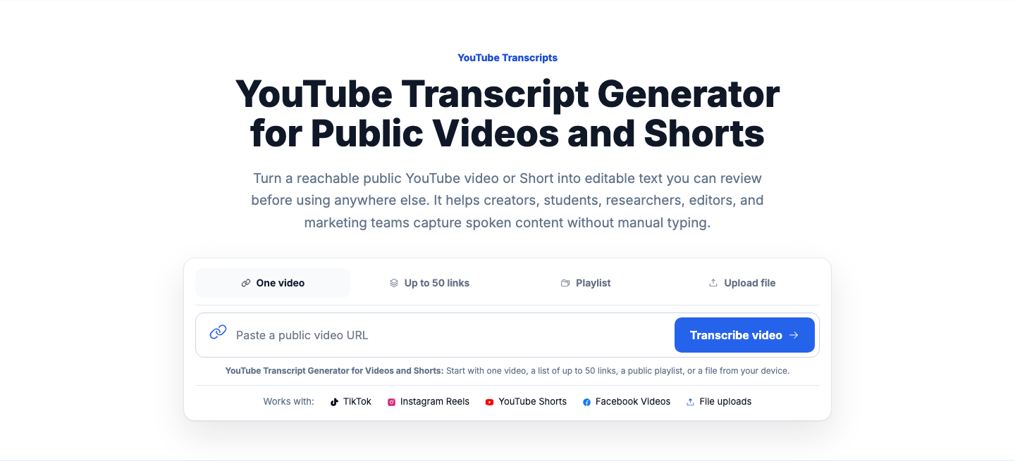 VidiRelay YouTube transcript tool showing a public video URL, generated transcript text, timestamps, and export options